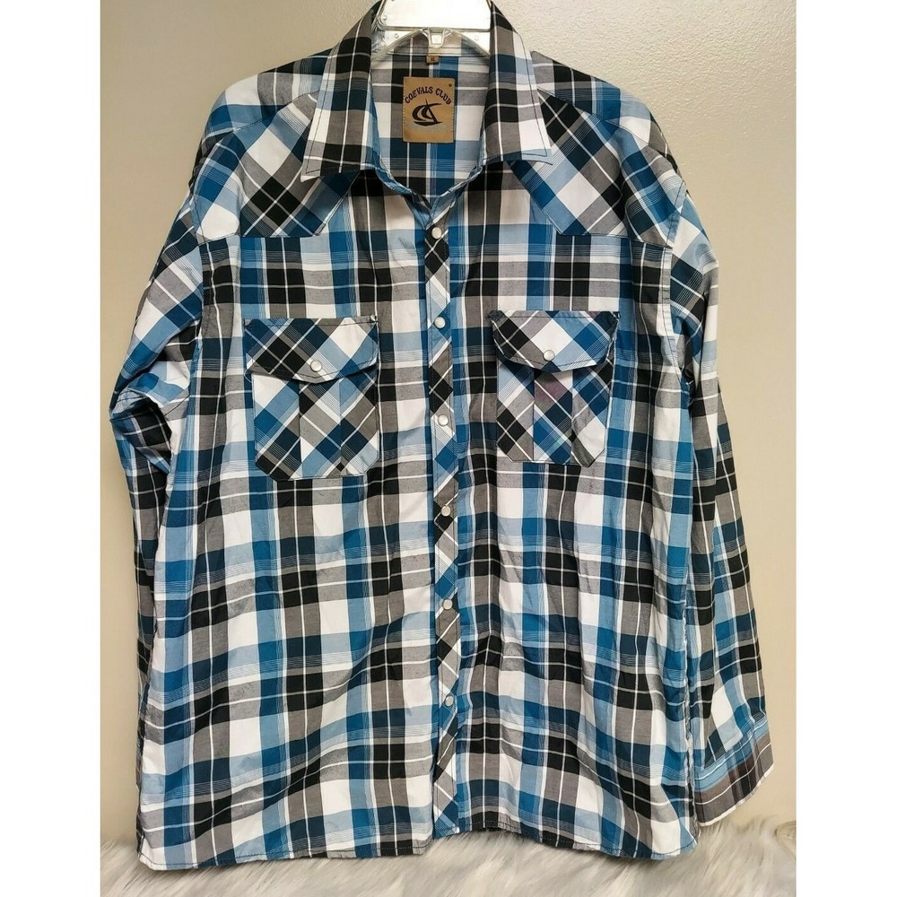 Coevals Club Pearl Snap Cowboy Western Shirt Men's XL Blue Plaid Roll Tab Sleeve